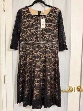 Black Lace Midi Dress with Nude Lining by